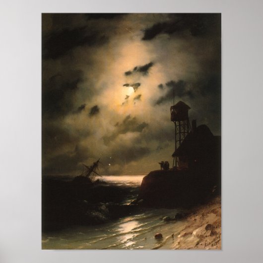 Moonlit Seascape With Shipwreck Poster (Voorkant)
