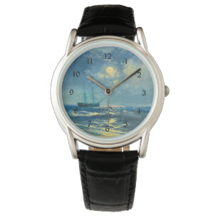 Moonlit Seaview, fijn kunstschilderij Horloge