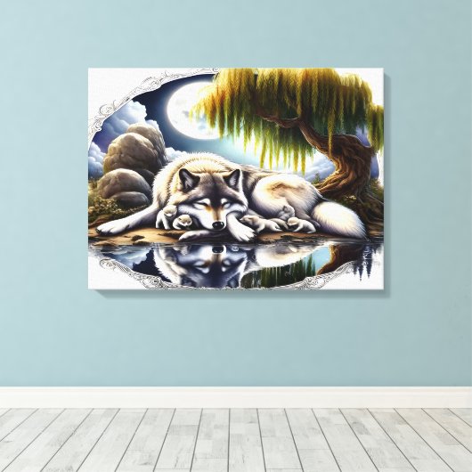 Moonlit Serenity A Slumbering Wolf 24x18 Canvas Afdruk (Insitu (Houten vloer))