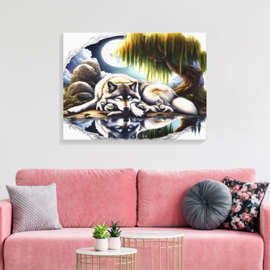 Moonlit Serenity A Slumbering Wolf 24x18 Canvas Afdruk (Insitu (Woonkamer))