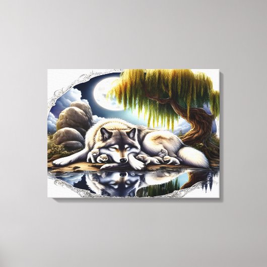Moonlit Serenity A Slumbering Wolf 24x18 Canvas Afdruk (Voorkant)