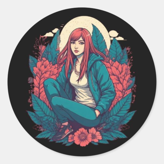 Moonlit Serenity: een reflectie van een roodharige Ronde Sticker (Voorkant)