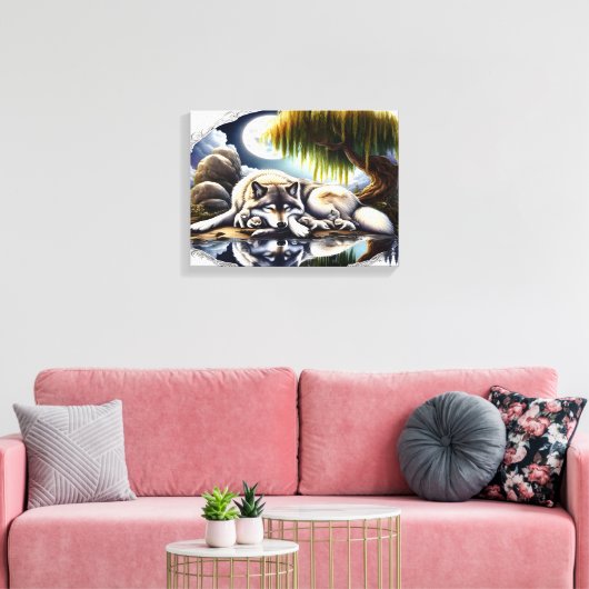 Moonlit Serenity Een Slumberende Wolf 16x12 Canvas Afdruk (Insitu (Woonkamer))