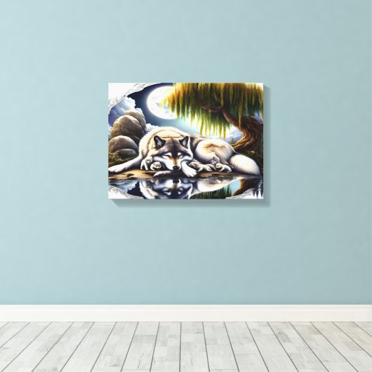 Moonlit Serenity Een Slumberende Wolf 16x12 Canvas Afdruk (Insitu (Houten vloer))