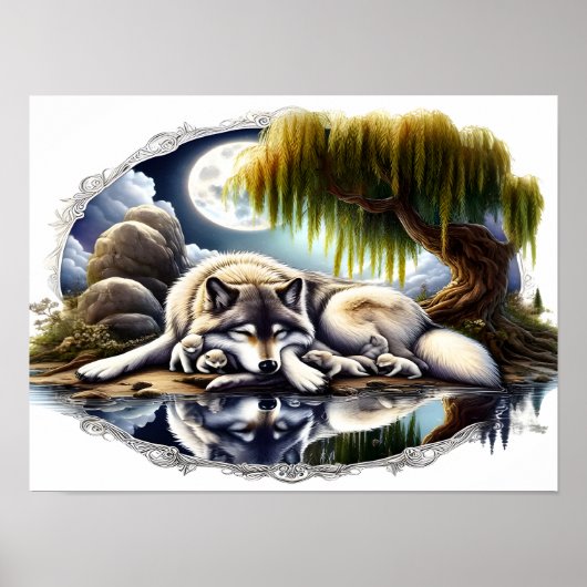 Moonlit Serenity Een Slumberende Wolf 16x12 Poster (Voorkant)