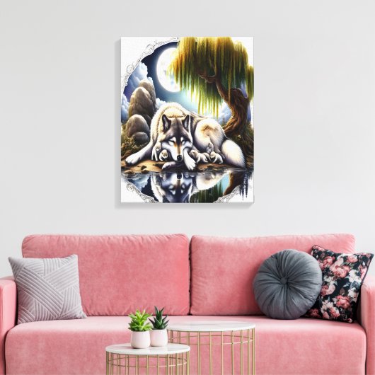 Moonlit Serenity Een Slumberende Wolf 16x20 Canvas Afdruk (Insitu (Woonkamer))