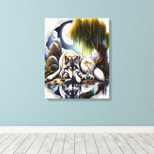 Moonlit Serenity Een Slumberende Wolf 16x20 Canvas Afdruk (Insitu (Houten vloer))