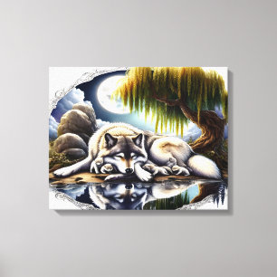 Moonlit Serenity Een Slumberende Wolf 20x16 Canvas Afdruk