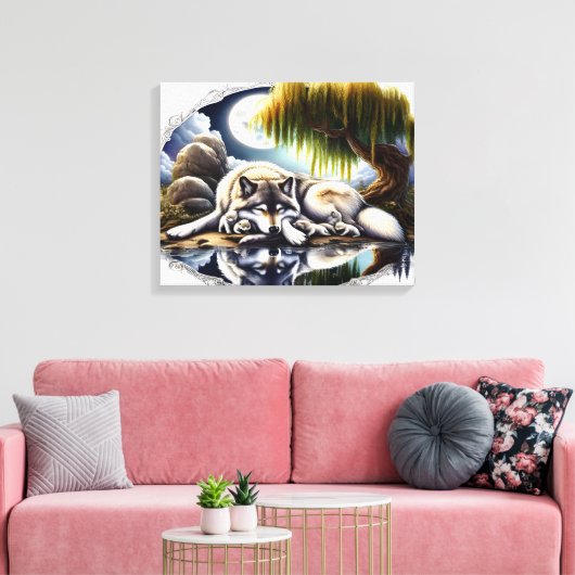 Moonlit Serenity Een Slumberende Wolf 20x16 Canvas Afdruk (Insitu (Woonkamer))