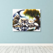 Moonlit Serenity Een Slumberende Wolf 20x16 Canvas Afdruk (Insitu (Houten vloer))