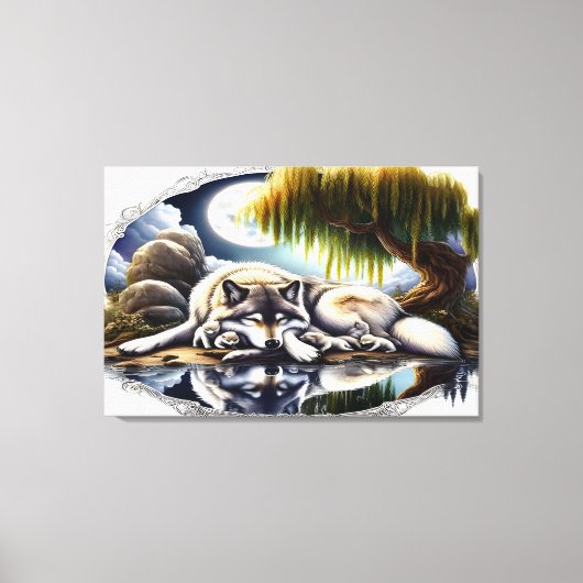 Moonlit Serenity Een Slumberende Wolf 36x24 Canvas Afdruk (Voorkant)
