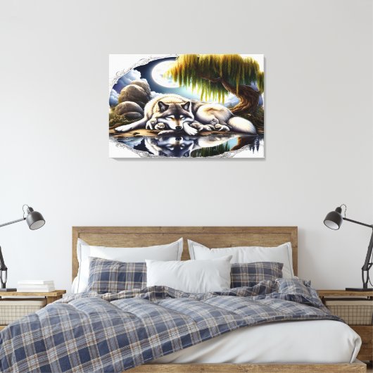 Moonlit Serenity Een Slumberende Wolf 36x24 Canvas Afdruk (Insitu (Slaapkamer))