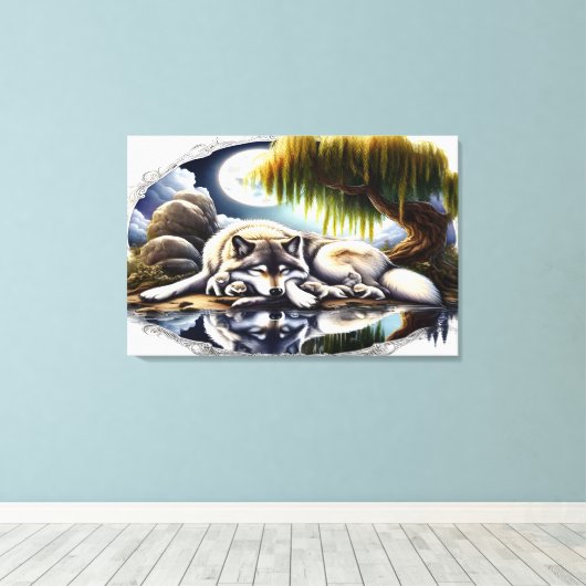 Moonlit Serenity Een Slumberende Wolf 36x24 Canvas Afdruk (Insitu (Houten vloer))