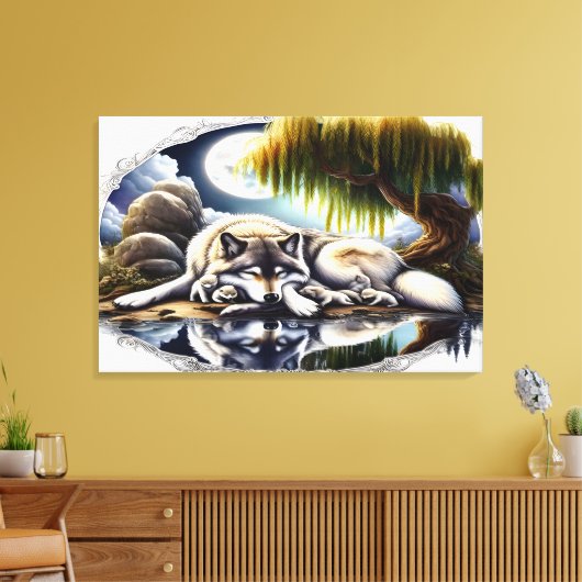 Moonlit Serenity Een Slumberende Wolf 36x24 Canvas Afdruk (Insitu (Woonkamer))