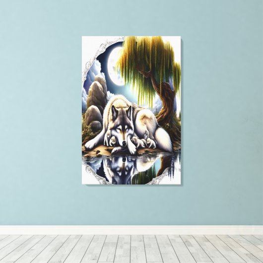 Moonlit Serenity Een Slumbering Wolf24x36 Canvas Afdruk (Insitu (Houten vloer))