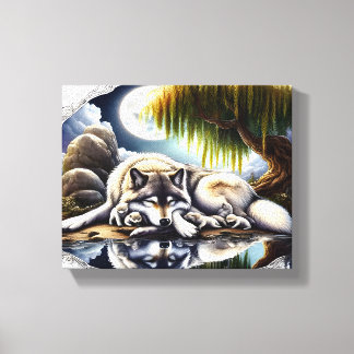 Moonlit Serenity Een Slumbering Wolf 10x8 Canvas Afdruk