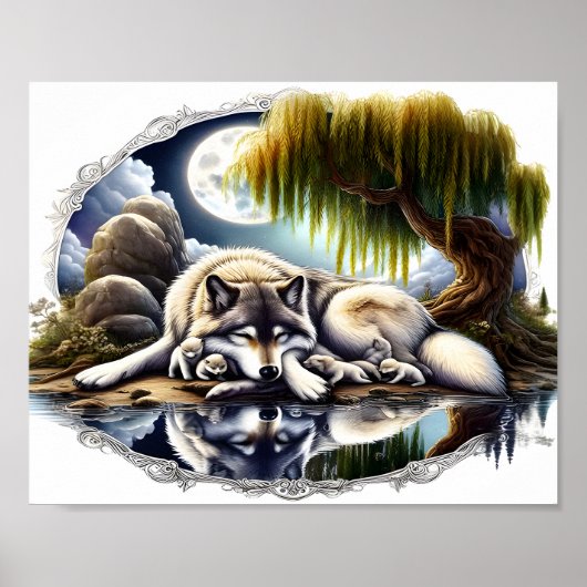 Moonlit Serenity Een Slumbering Wolf 10x8 Poster (Voorkant)