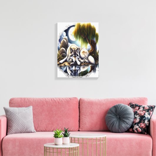 Moonlit Serenity Een Slumbering Wolf 12x16 Canvas Afdruk (Insitu (Woonkamer))