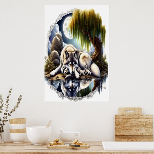 Moonlit Serenity Een Slumbering Wolf 24x36 Poster (Keuken)