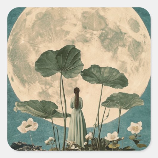 Moonlit Serenity – Lotus Scene Vierkante Sticker (Voorkant)