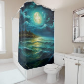 Moonlit Serenity: Nachtelijk Zeegezicht Douchegordijn (In situ)