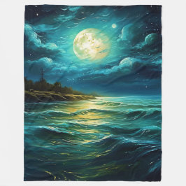 Moonlit Serenity: Nachtelijk Zeegezicht Fleece Deken