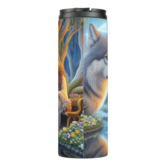 Moonlit Serenity, Woman en Wolf Pack. Thermosbeker (Achterkant)