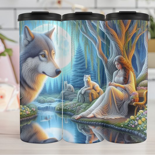 Moonlit Serenity, Woman en Wolf Pack. Thermosbeker