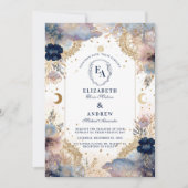 Moonlit Sky en Roos Floral Wedding Kaart (Voorkant)