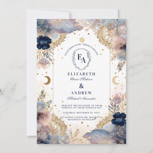 Moonlit Sky en Roos Floral Wedding Kaart (Voorkant)