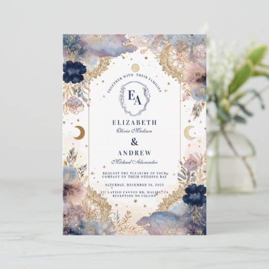 Moonlit Sky en Roos Floral Wedding Kaart (Staand voorkant)
