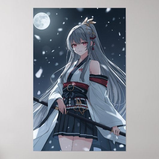 Moonlit Snow Samurai — Elegant Anime Girl Warrior  Poster (Voorkant)