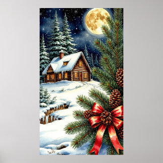 🏡 Moonlit Snowy Cabin in Enchanted Winter Forest  Poster