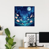 Moonlit Stream - Nighttime Illustration Art Style Poster (Thuiskantoor)