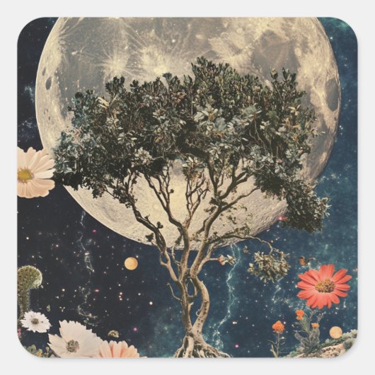 Moonlit Tree & Blossoms Vierkante Sticker (Voorkant)