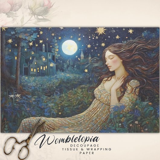  moonlit tuin dame art nouveau decoupage tissuepapier