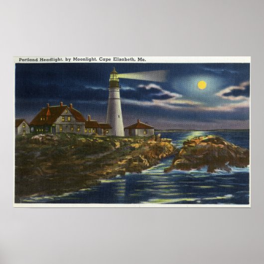 Moonlit Uitzicht van de hoofdvuurtoren van Portlan Poster (Voorkant)