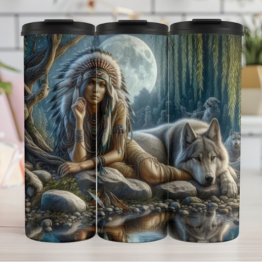 Moonlit Vigil: Woman and Wolf. Thermosbeker