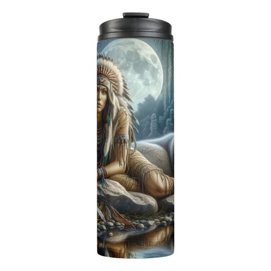 Moonlit Vigil: Woman and Wolf. Thermosbeker (Voorkant)