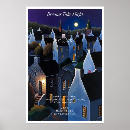 Moonlit Village Art Print Nighttime Landscape (Voorkant)