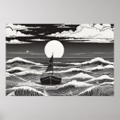 Moonlit Voyage Nautische Serenade Zwart-wit Poster (Voorkant)