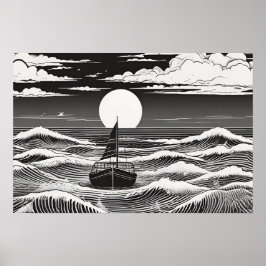 Moonlit Voyage Nautische Serenade Zwart-wit Poster