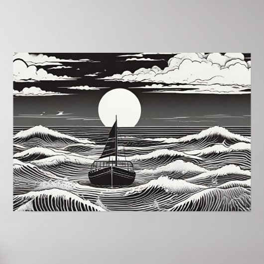 Moonlit Voyage Nautische Serenade Zwart-wit Poster (Voorkant)