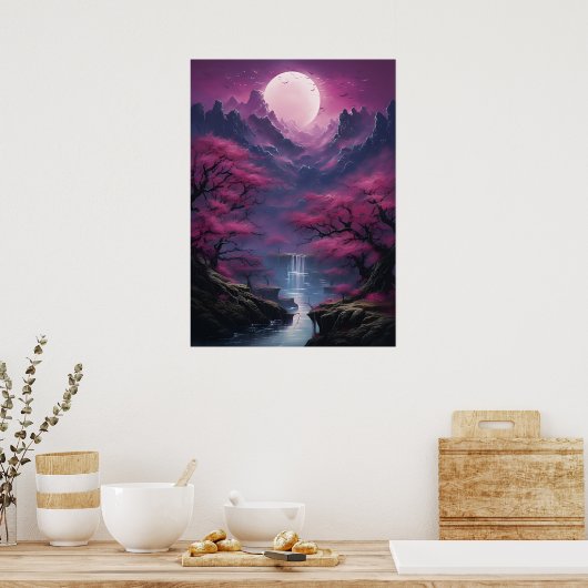Moonlit waterval en kleurrijke landschap poster (Keuken)