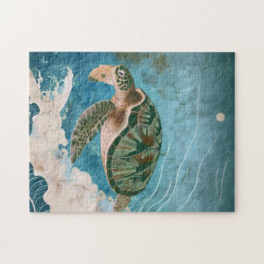 Moonlit Waves - Sea Turtle, Japanese Art Legpuzzel (Horizontaal)