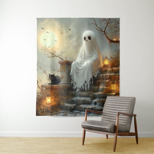 Moonlit Whispers: De geest en de kat Wandkleed (In situ)