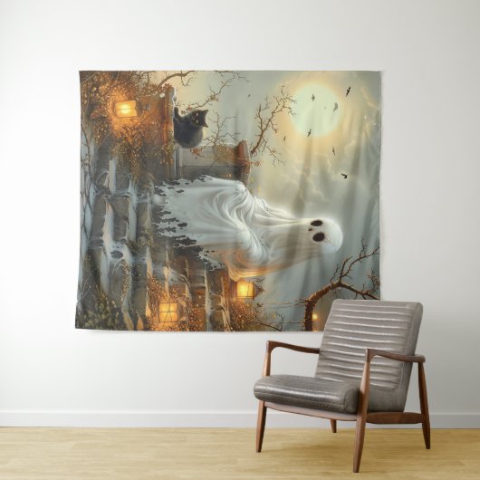 Moonlit Whispers: De geest en de kat Wandkleed (In Situ (horizontaal))