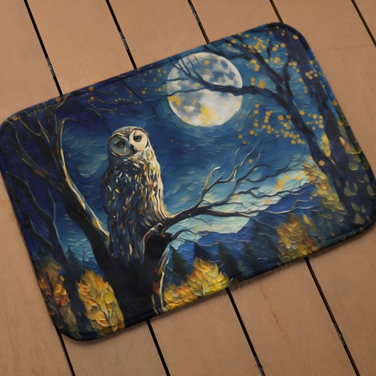 Moonlit Whispers - Van Gogh's Owl in Herfst Forest Badmat