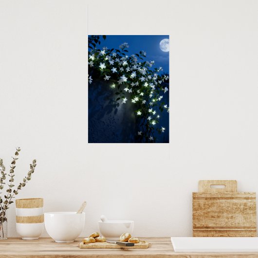 Moonlit White Flowers Vine Art Poster (Keuken)