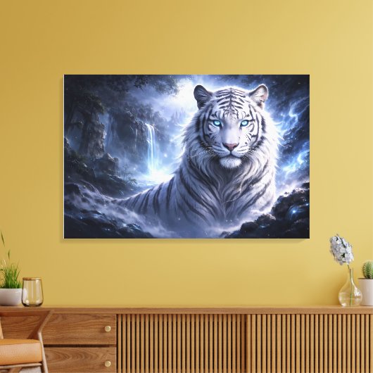 Moonlit White Tiger Guardian – Blue Fantasy Spirit Canvas Afdruk (Insitu (Woonkamer))